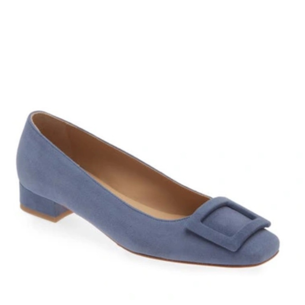 ANN MASHBURN Powder Blue Suede Low Block Heel Pumps with Decorative Buckle